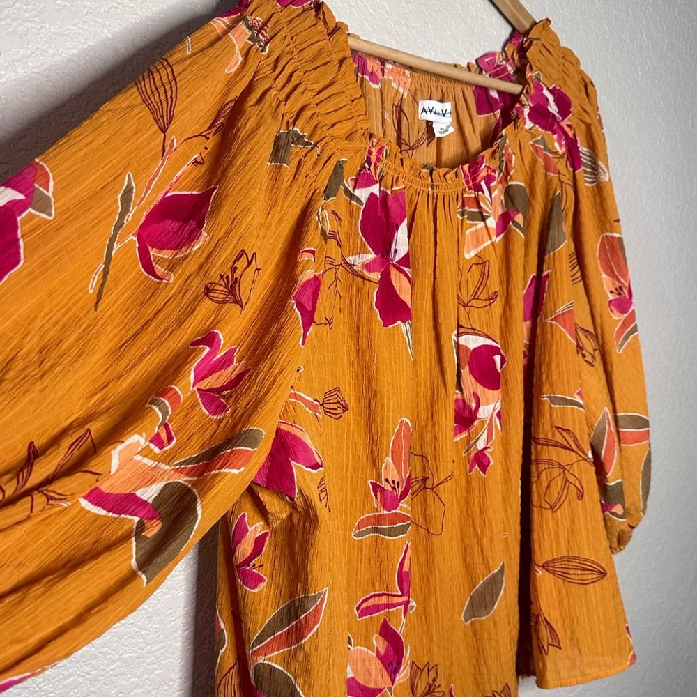Mustard Yellow 3X Floral Print Flowing Ava & Viv Shirt